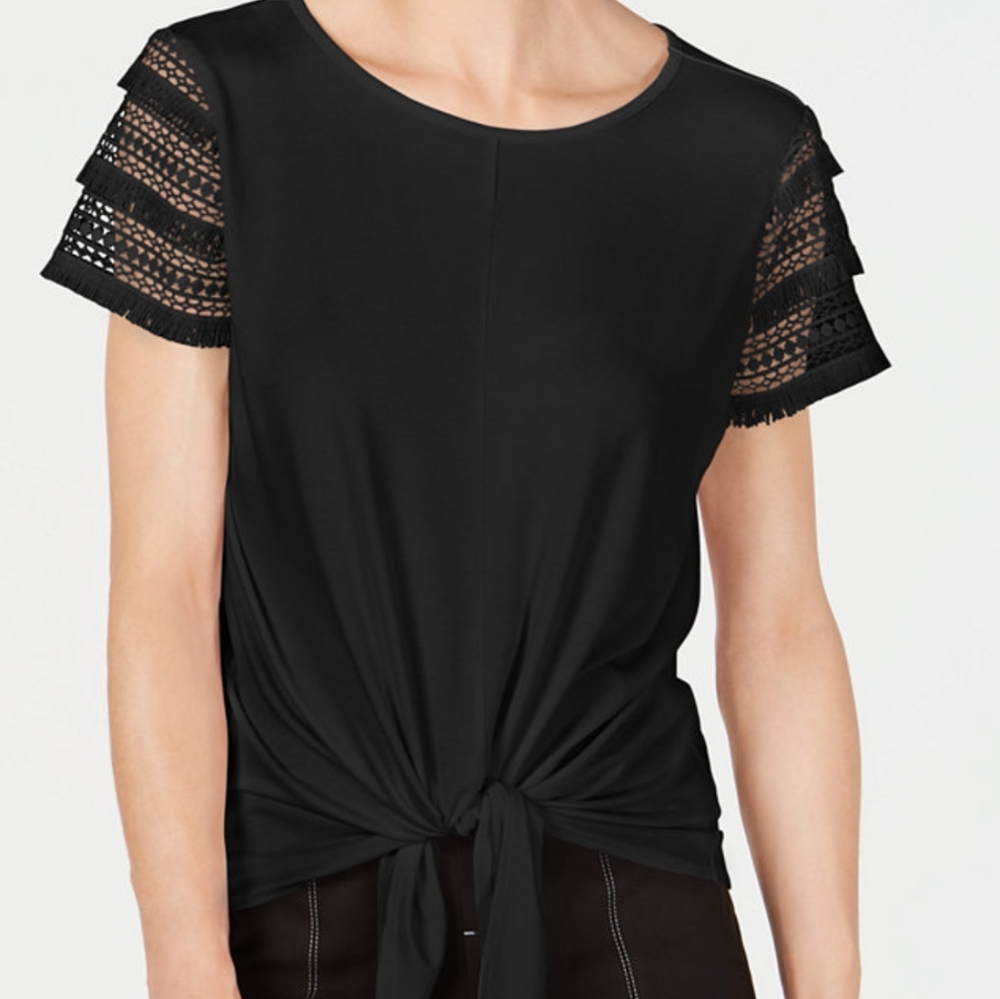 Dressy tie front lace sleeve top, NEW